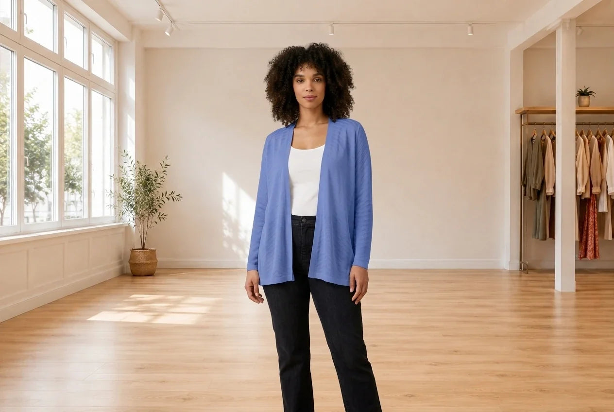 Model wearing Women's Petite X-Large Sweaters and Cardigans Women's Petite Geo-Stitch Completer Open-Front Sweater in Online Warehouse Sale boutique studio