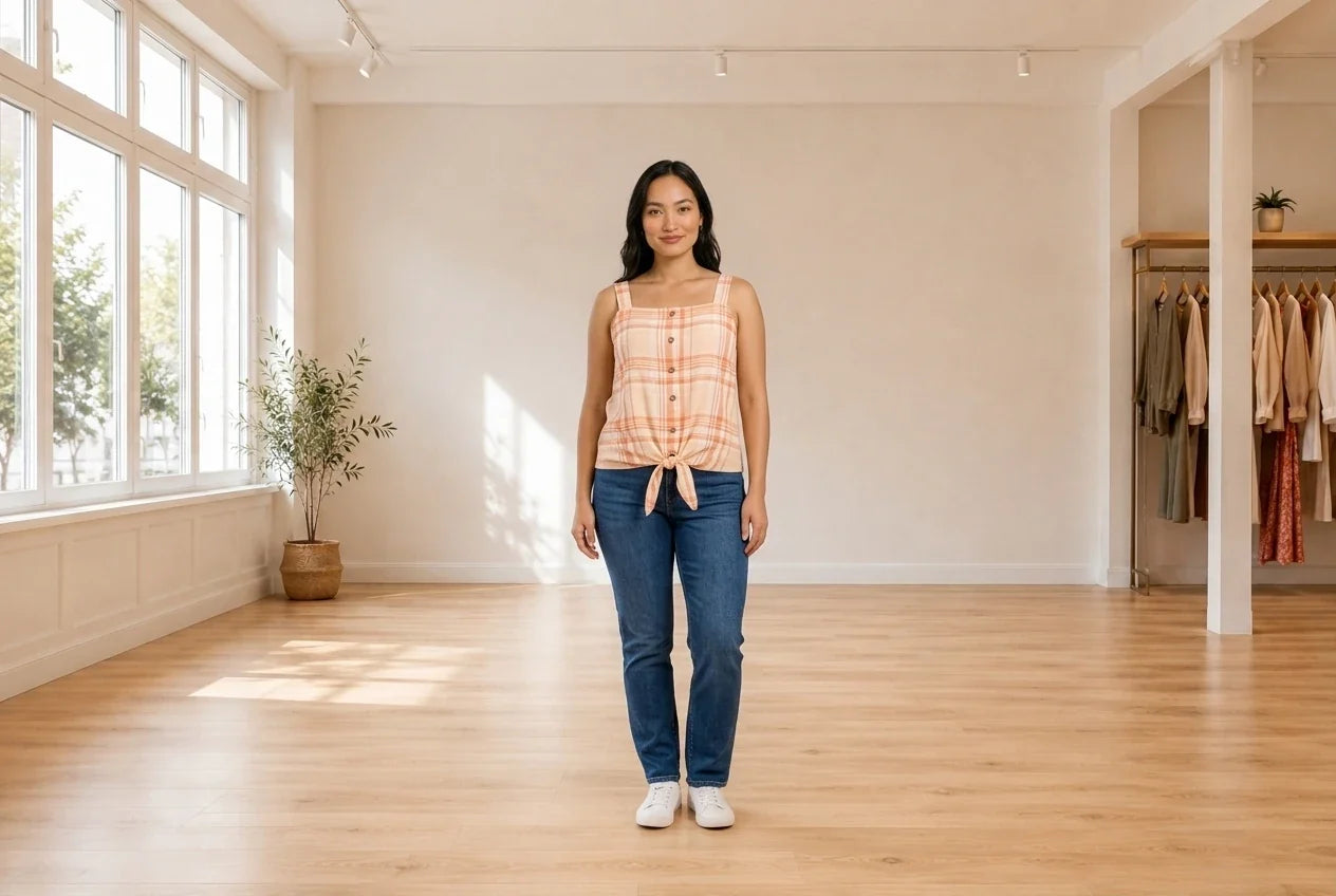 Model wearing Women's Petite X-Large T-Shirts Women's Petite Plaid Tie-Hem Tank in Online Warehouse Sale boutique studio