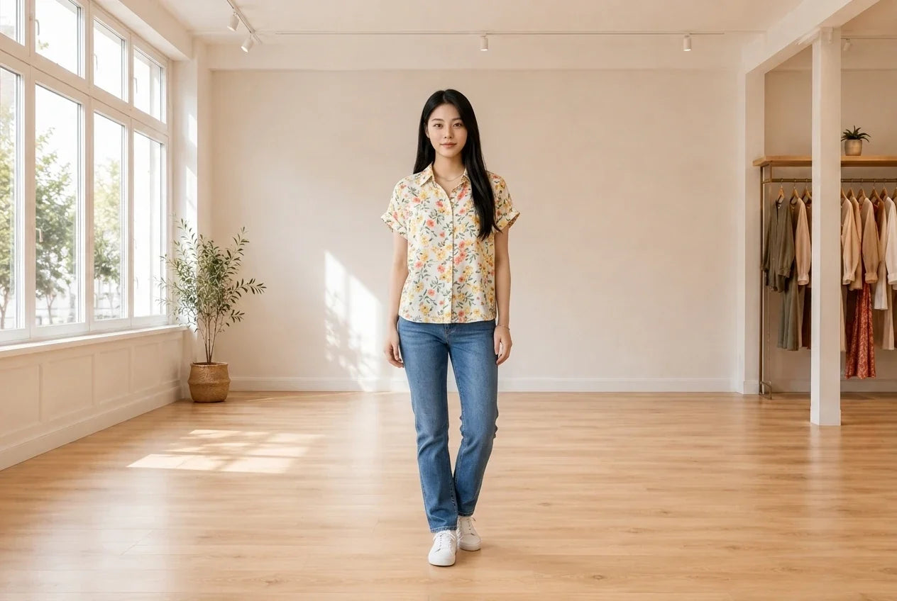 Model wearing Women's Petite X-Small Blouses Women's Petite Floral Shirt in Online Warehouse Sale boutique studio