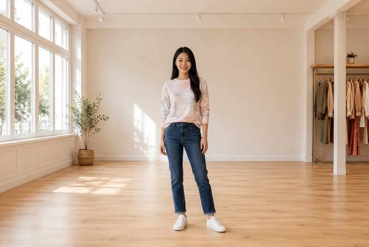 Model wearing Women's Petite X-Small Hoodies and Sweatshirts Women's Petite Dot Camo Crewneck Sweatshirt in Online Warehouse Sale boutique studio