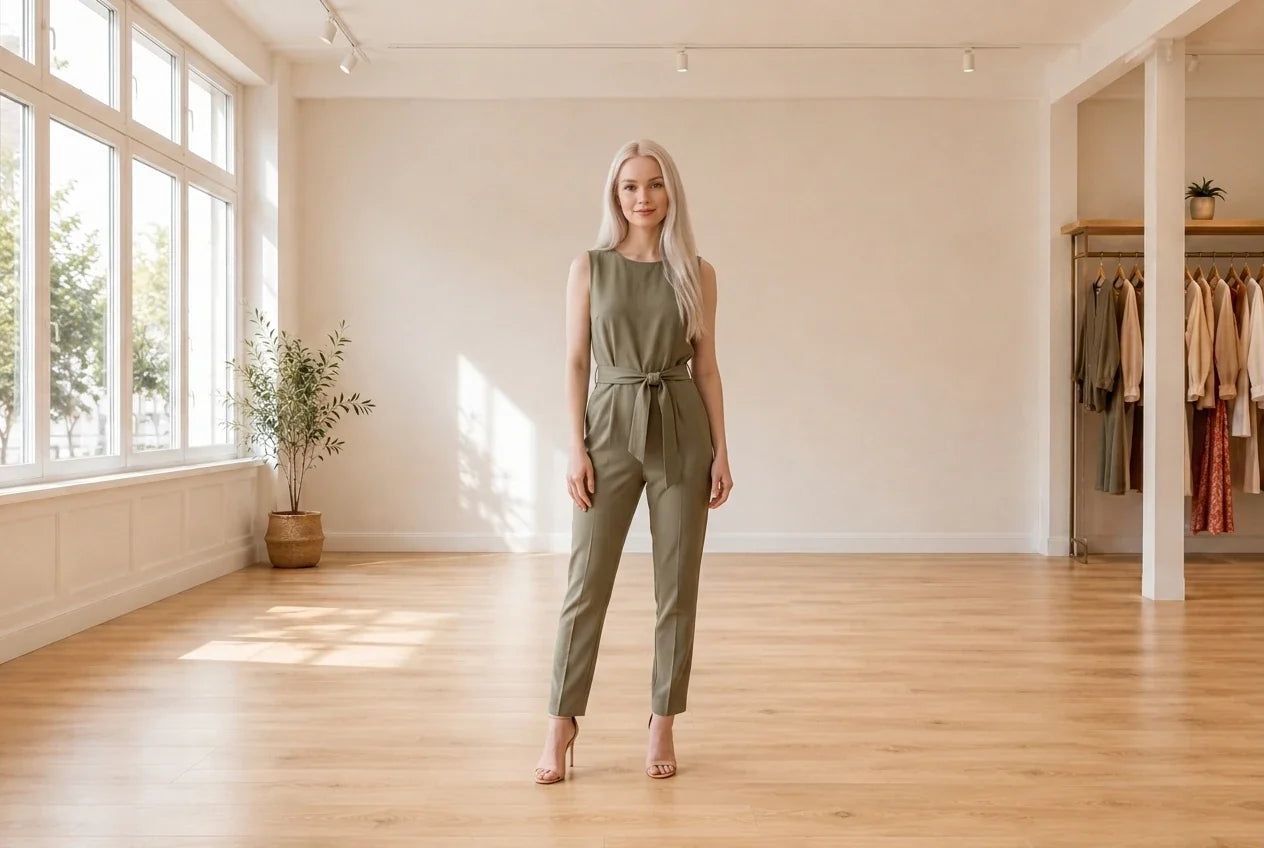 Model wearing Women's Petite X-Small Jumpsuits and Rompers Women's Petite Size Belted Jumpsuit in Online Warehouse Sale boutique studio