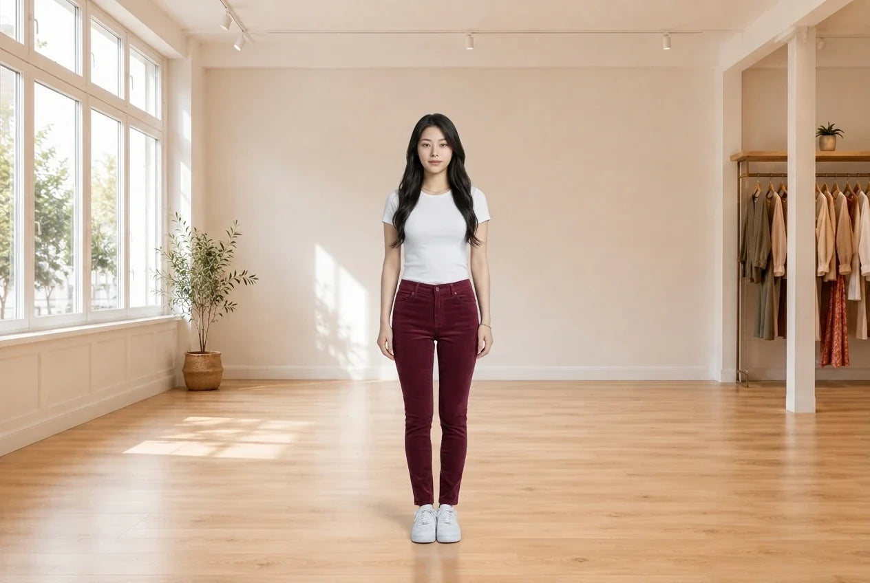 Model wearing Women's Petite X-Small Pants Women's Petite Curvy-Fit Corduroy Skinny Pants in Online Warehouse Sale boutique studio