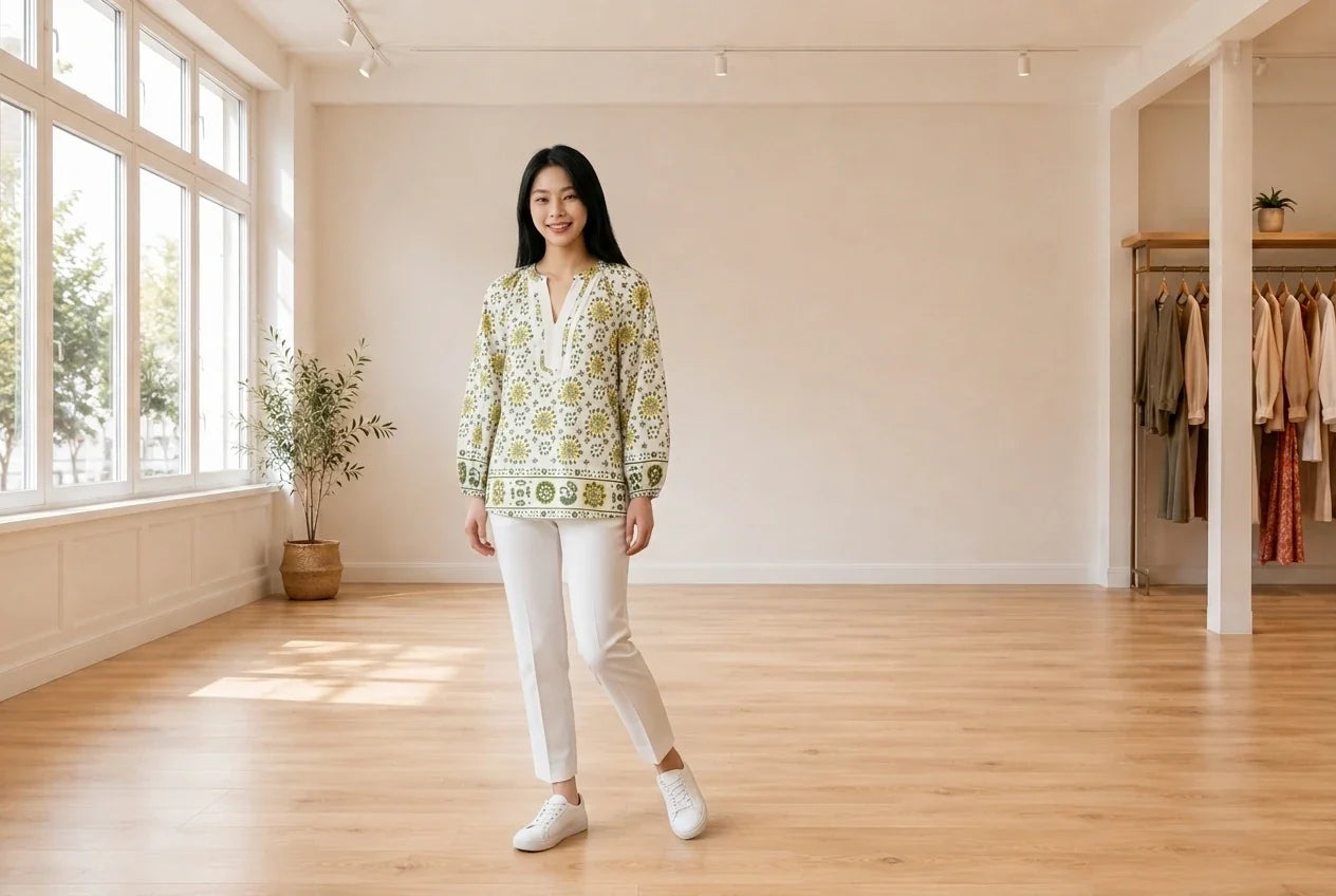 Model wearing Women's Petite X-Small Shirts and Blouses Women's Petite Cotton Border-Print Tunic in Online Warehouse Sale boutique studio