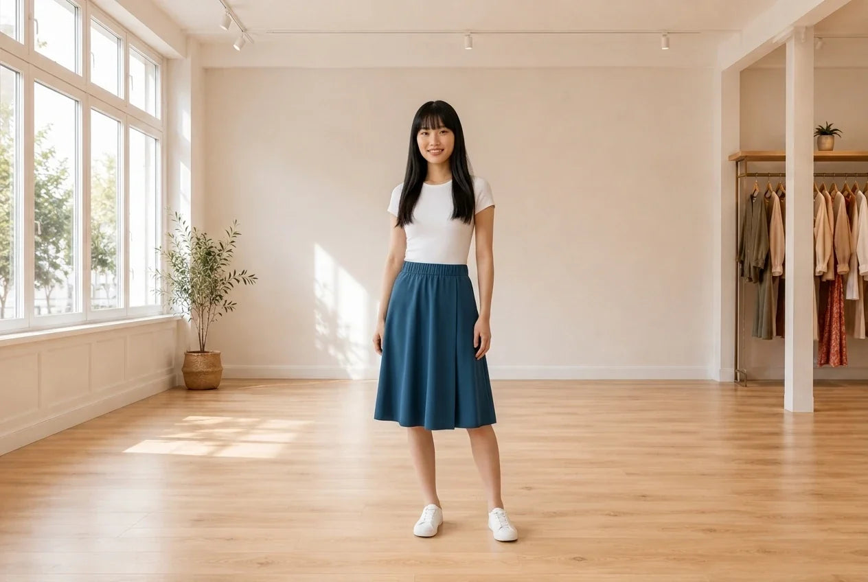 Model wearing Women's Petite X-Small Skirt Women's Petite Flared Skirt in Online Warehouse Sale boutique studio