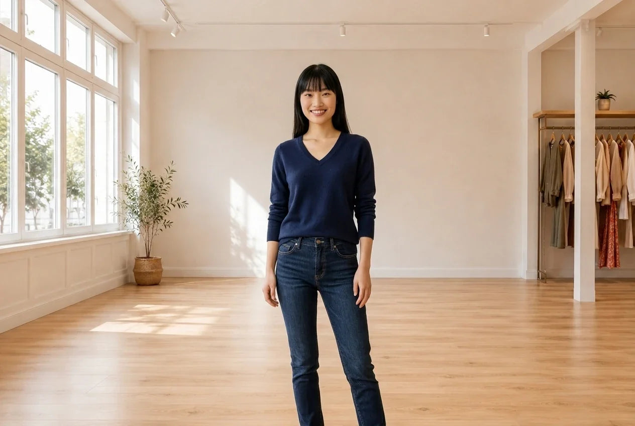 Model wearing Women's Petite X-Small Sweaters and Cardigans Women's Petite V-Neck Cashmere Sweater in Online Warehouse Sale boutique studio