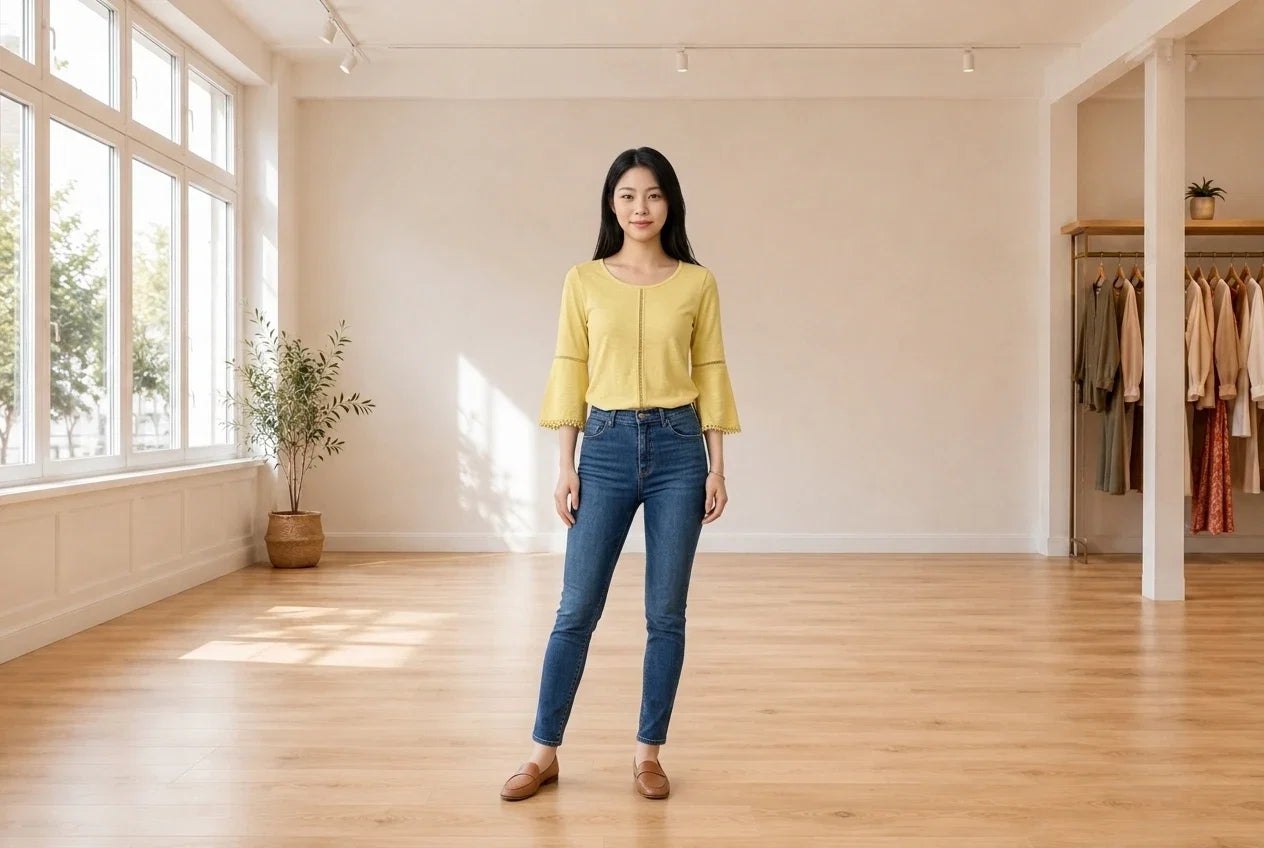Model wearing Women's Petite X-Small Tops Women's Petite Crochet-Trim Bell-Sleeve Top in Online Warehouse Sale boutique studio