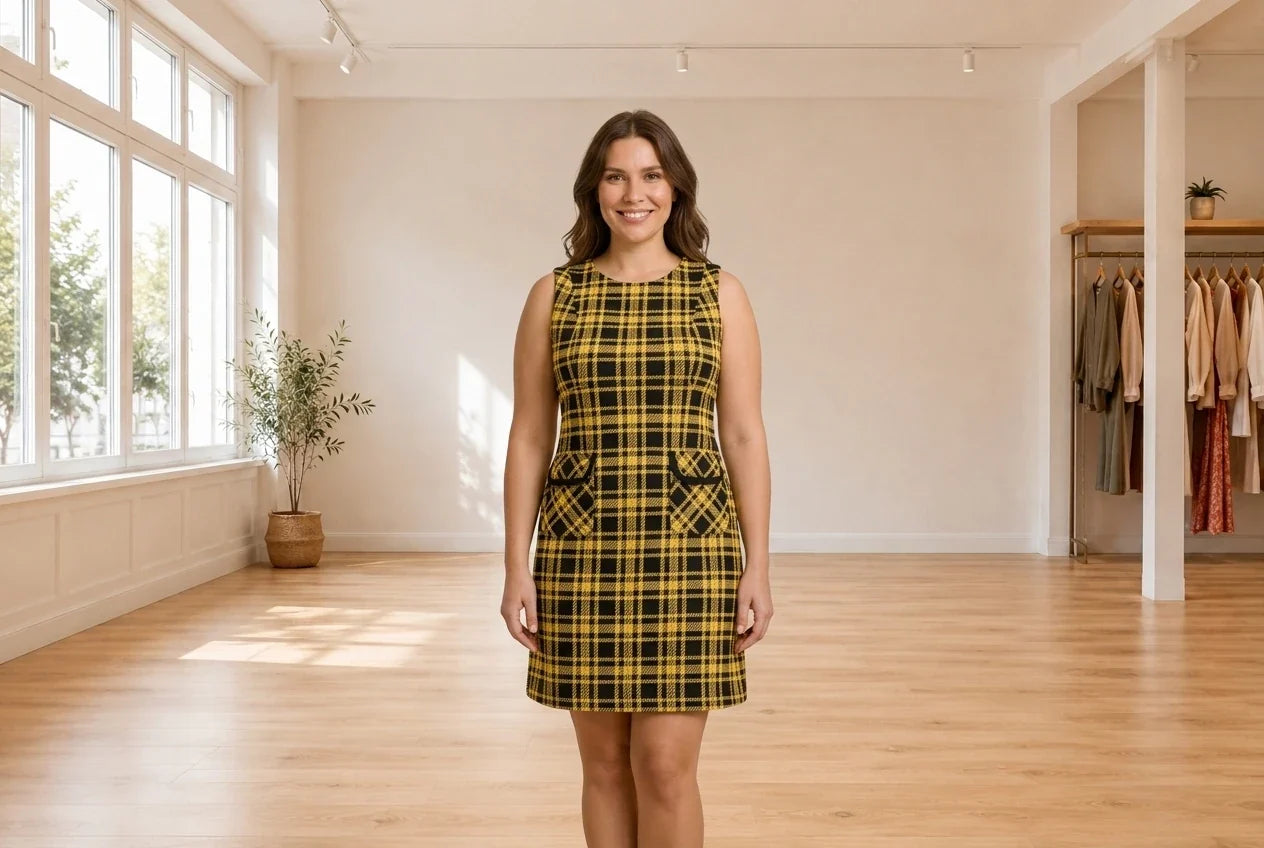 Model wearing Women's Petite XX-Large Dresses Women's Petite Textured Knit Plaid A-Line Dress in Online Warehouse Sale boutique studio