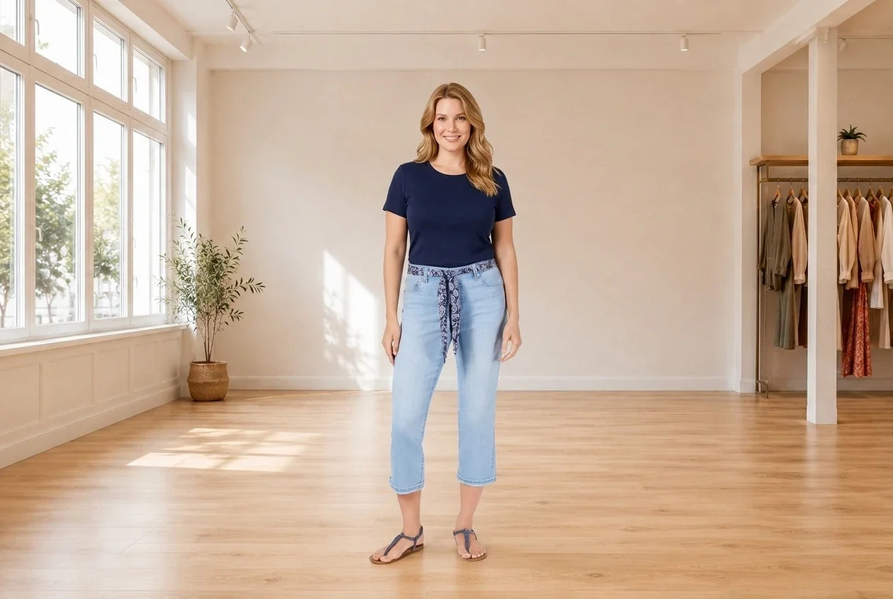 Model wearing Women's Petite XX-Large Jeans Women's Petite Scarf-Belt Cuffed Capri Jeans in Online Warehouse Sale boutique studio