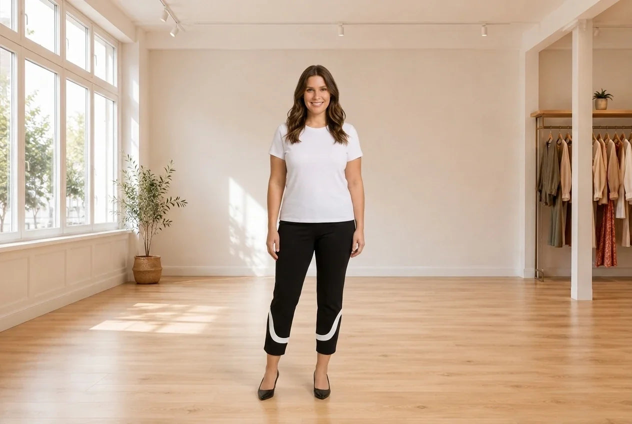 Model wearing Women's Petite XX-Large Pants Women's Petite Colorblocked Ankle Pants in Online Warehouse Sale boutique studio