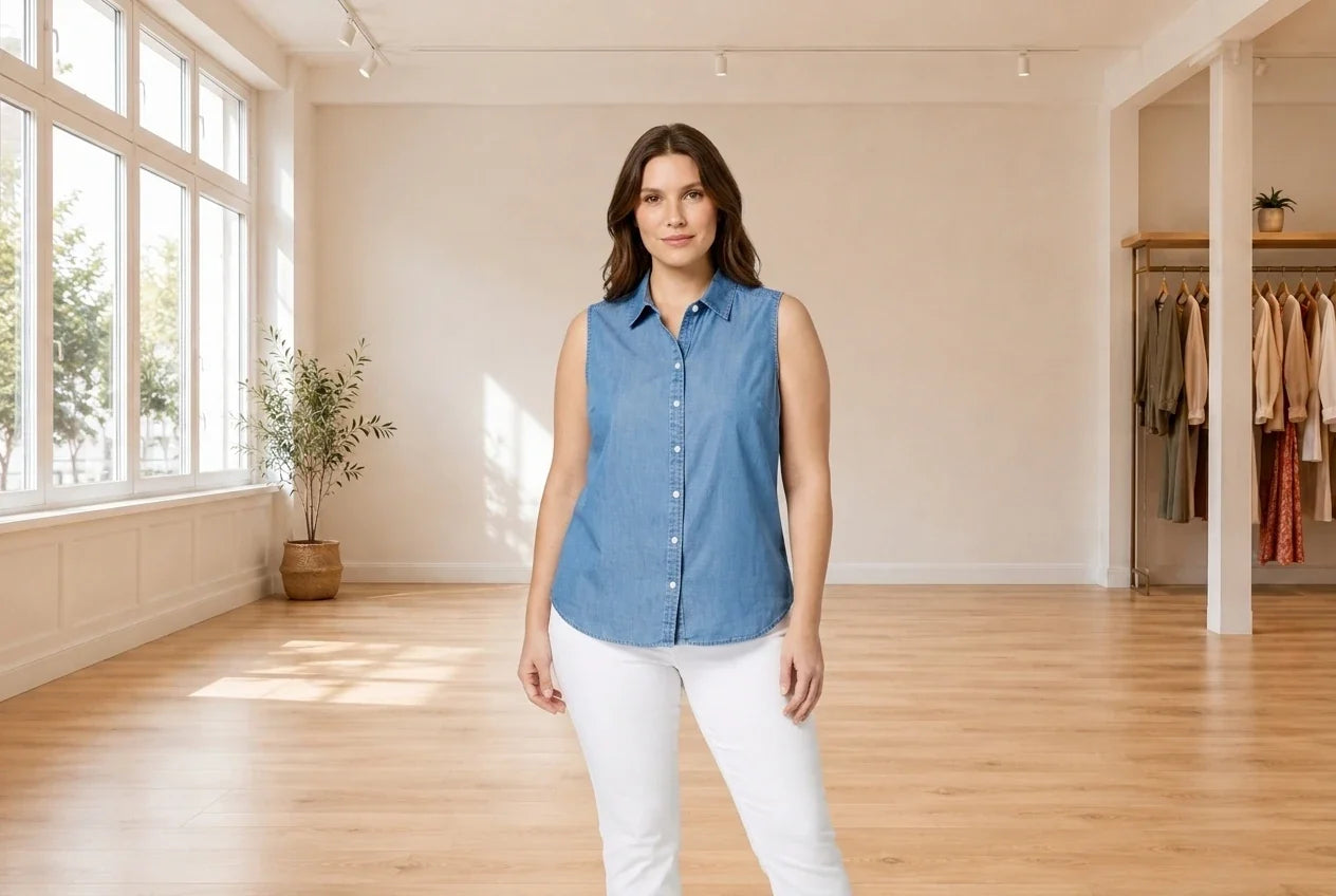 Model wearing Women's Petite XX-Large Shirts and Blouses Women's Petite Chambray Shirt in Online Warehouse Sale boutique studio