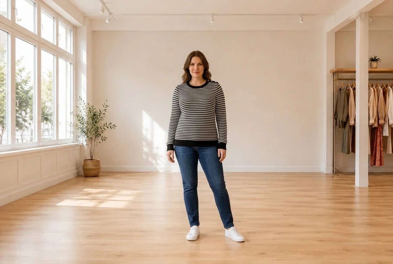 Model wearing Women's Petite XX-Large Sweaters and Cardigans Women's Petite Striped Sweater in Online Warehouse Sale boutique studio