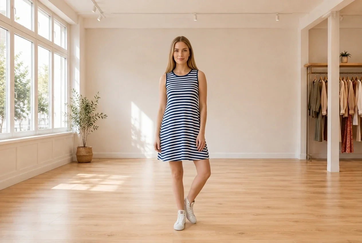 Model wearing Women's Petite XX-Small Dresses Women's Petite Striped Sleeveless Mini Dress in Online Warehouse Sale boutique studio