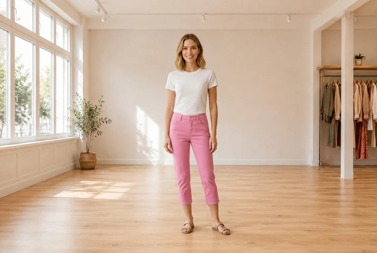 Model wearing Women's Petite XX-Small Jeans Women's Petite Petite Tummy-Control Bristol Capri Jeans in Online Warehouse Sale boutique studio