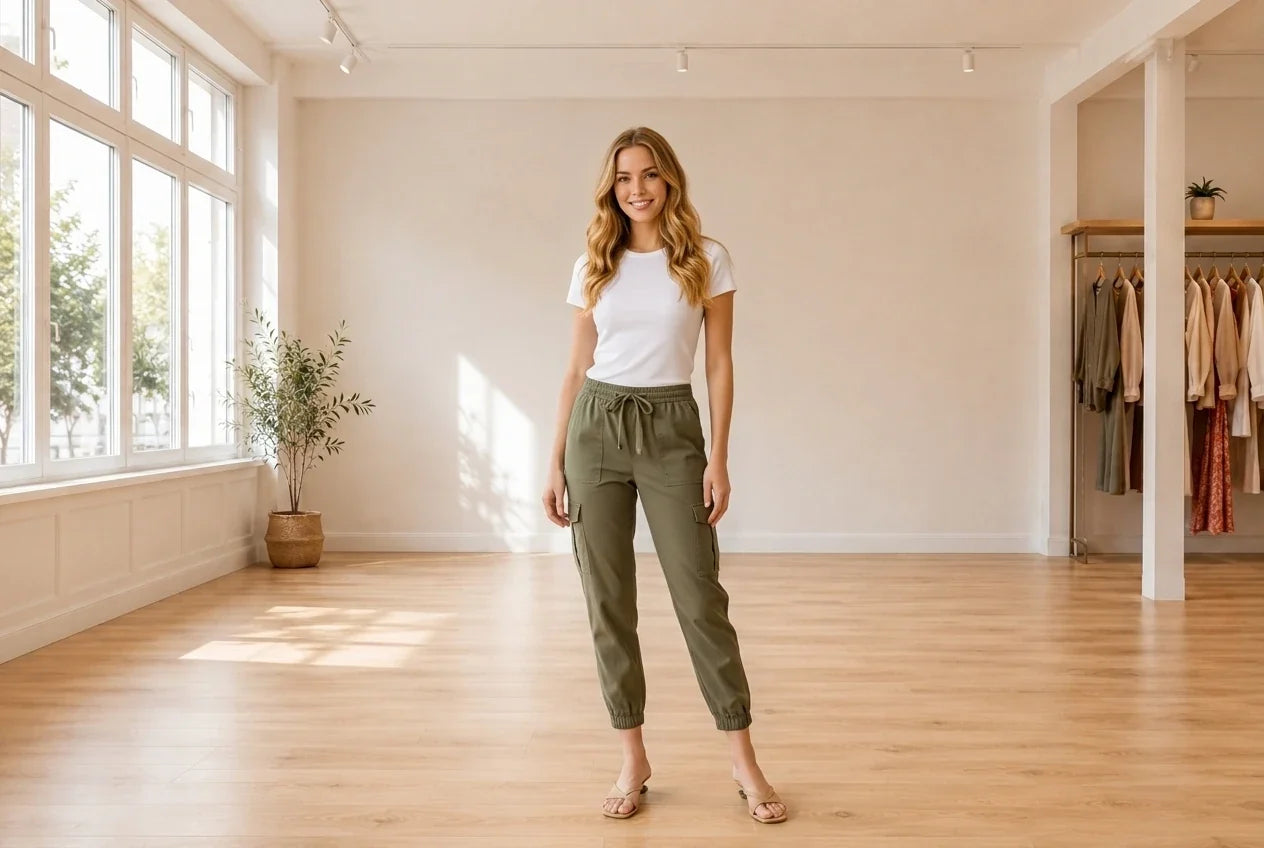 Model wearing Women's Petite XX-Small Pants Women's Petite Twill-Tape-Tie Utility Pants in Online Warehouse Sale boutique studio