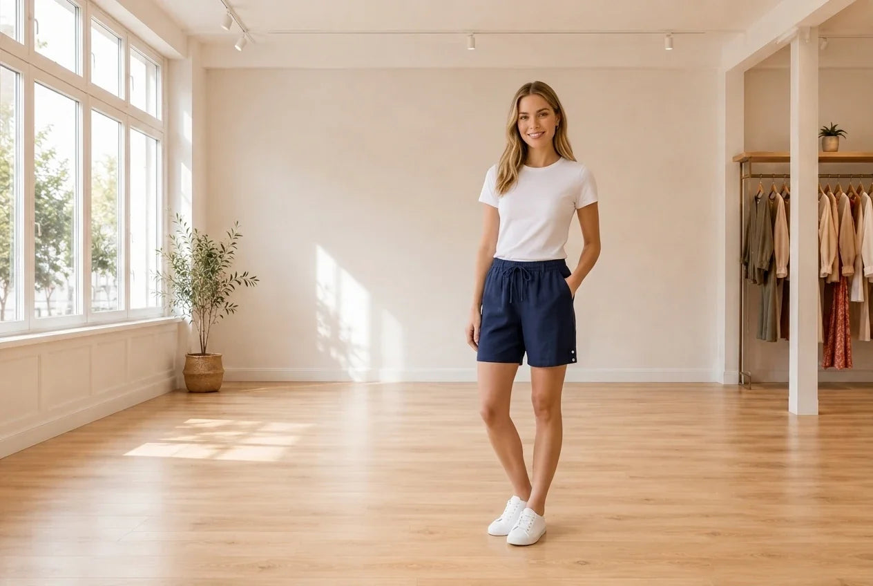 Model wearing Women's Petite XX-Small Shorts Women's Petite Cotton Pull-On Shorts in Online Warehouse Sale boutique studio