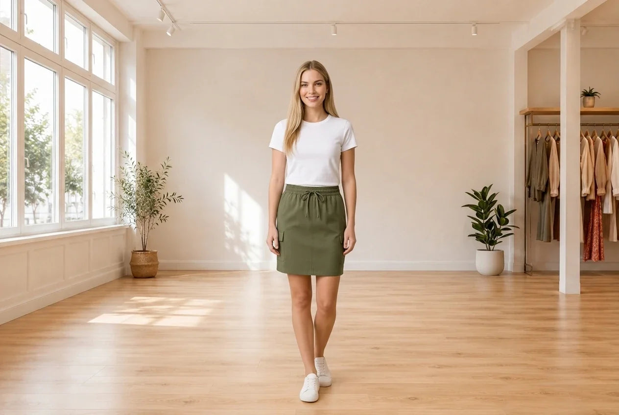 Model wearing Women's Petite XX-Small Skirt Women's Petite Classic Pull-On Skirt in Online Warehouse Sale boutique studio