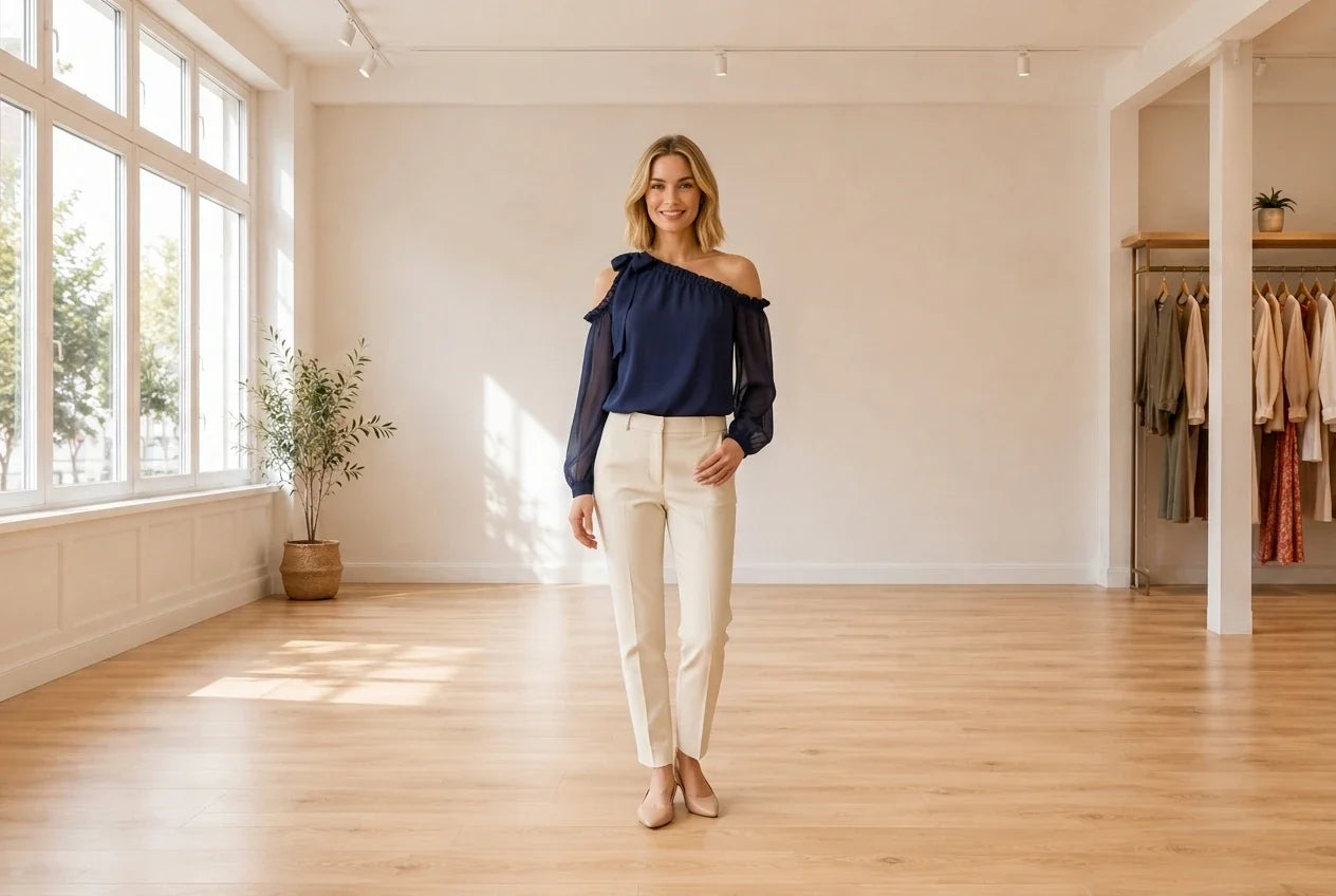Model wearing Women's Petite XX-Small Tops Women's Petite Solid One-Shoulder Top in Online Warehouse Sale boutique studio