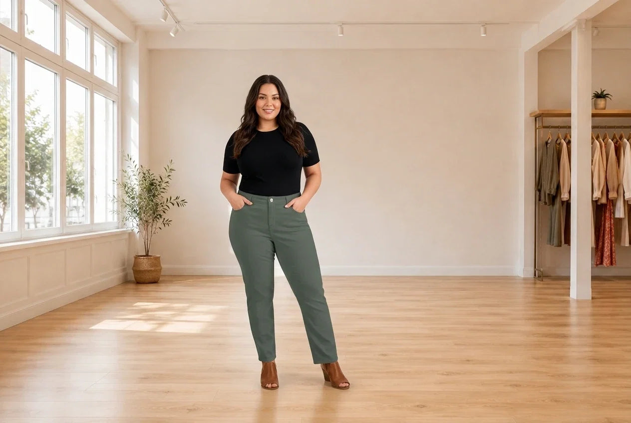 Model wearing Women's Plus 0X Bottoms Women's Plus High-Rise Straight Jeans in Online Warehouse Sale boutique studio