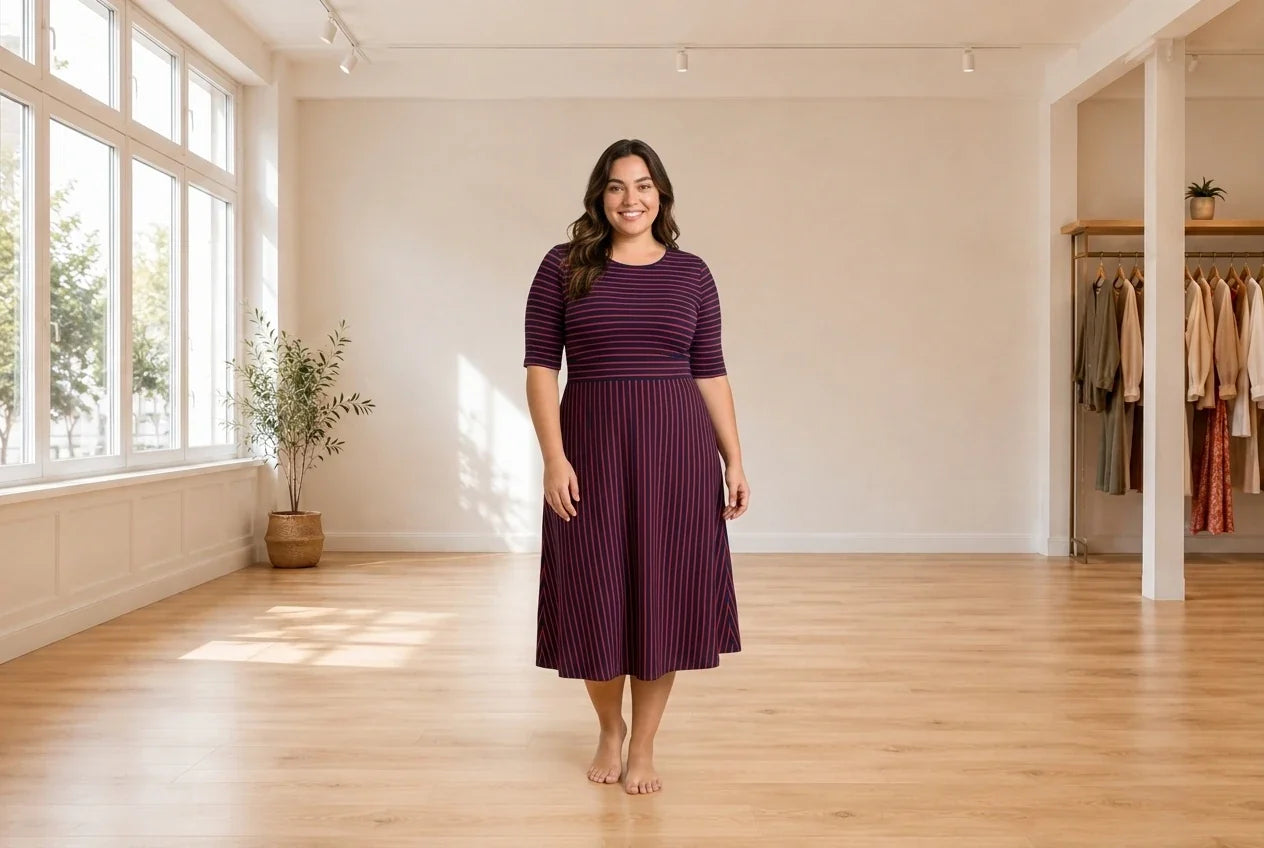 Model wearing Women's Plus 0X Dresses Women's Plus Banded-Waist Knit Midi Dress in Online Warehouse Sale boutique studio