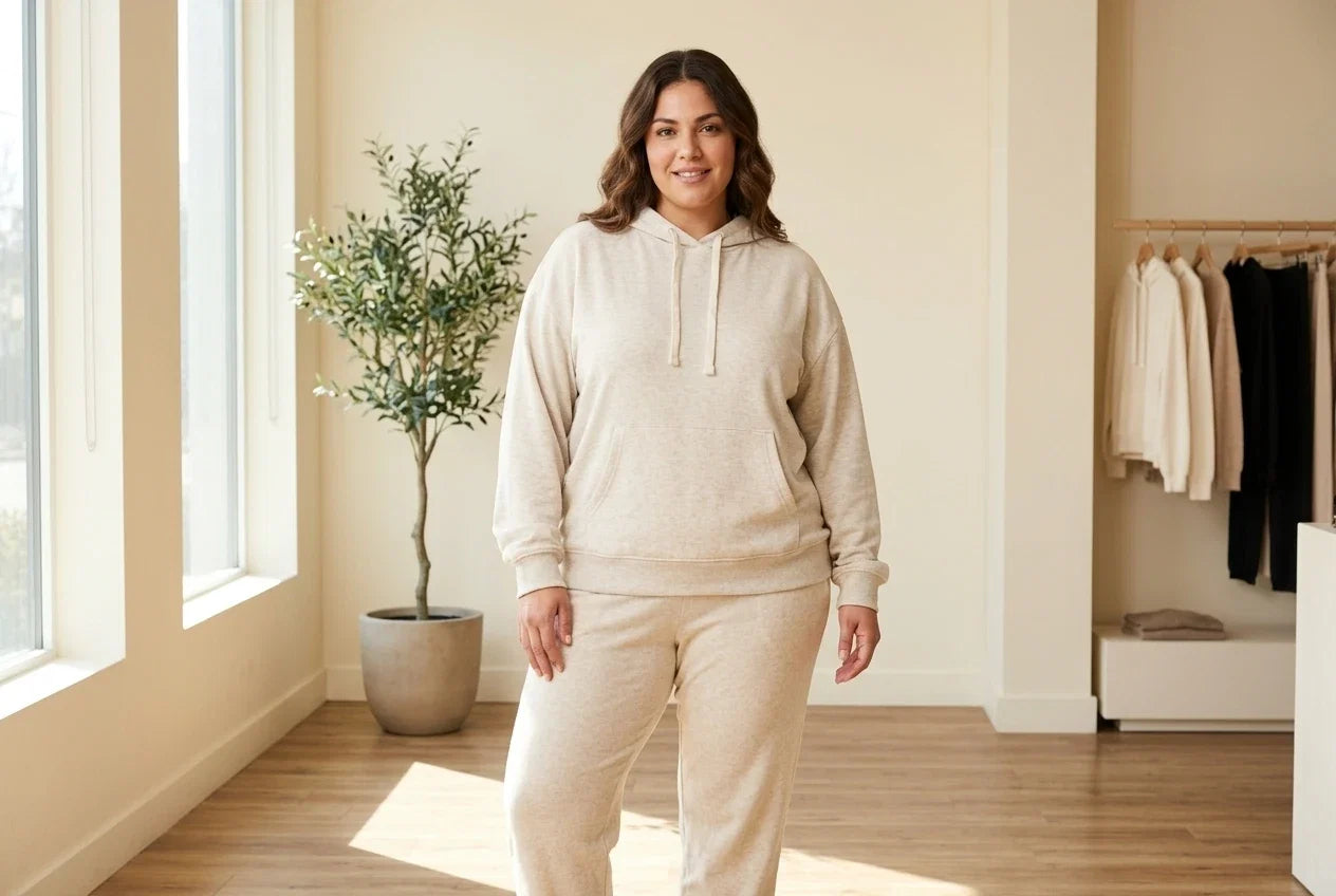 Model wearing Women's Plus 0X Loungewear and Pajamas Women's Plus Black Tape Oversized Hoodie in Online Warehouse Sale boutique studio