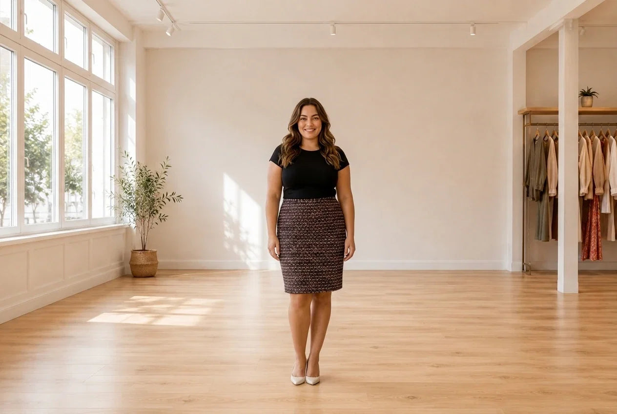 Model wearing Women's Plus 0X Skirts Women's Plus Tweed Pencil Skirt in Online Warehouse Sale boutique studio