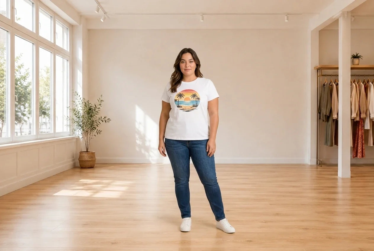 Model wearing Women's Plus 0X T-Shirts Women's Plus Cotton Graphic-Print T-Shirt in Online Warehouse Sale boutique studio