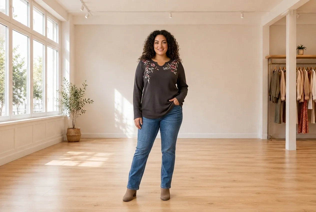 Model wearing Women's Plus 0X Tops Women's Plus Cotton Embroidered Thermal Top in Online Warehouse Sale boutique studio