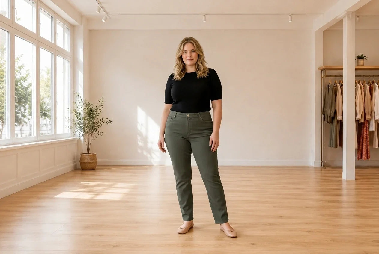 Model wearing Women's Plus 1X Jeans Women's Plus High-Rise Straight Jeans in Online Warehouse Sale boutique studio