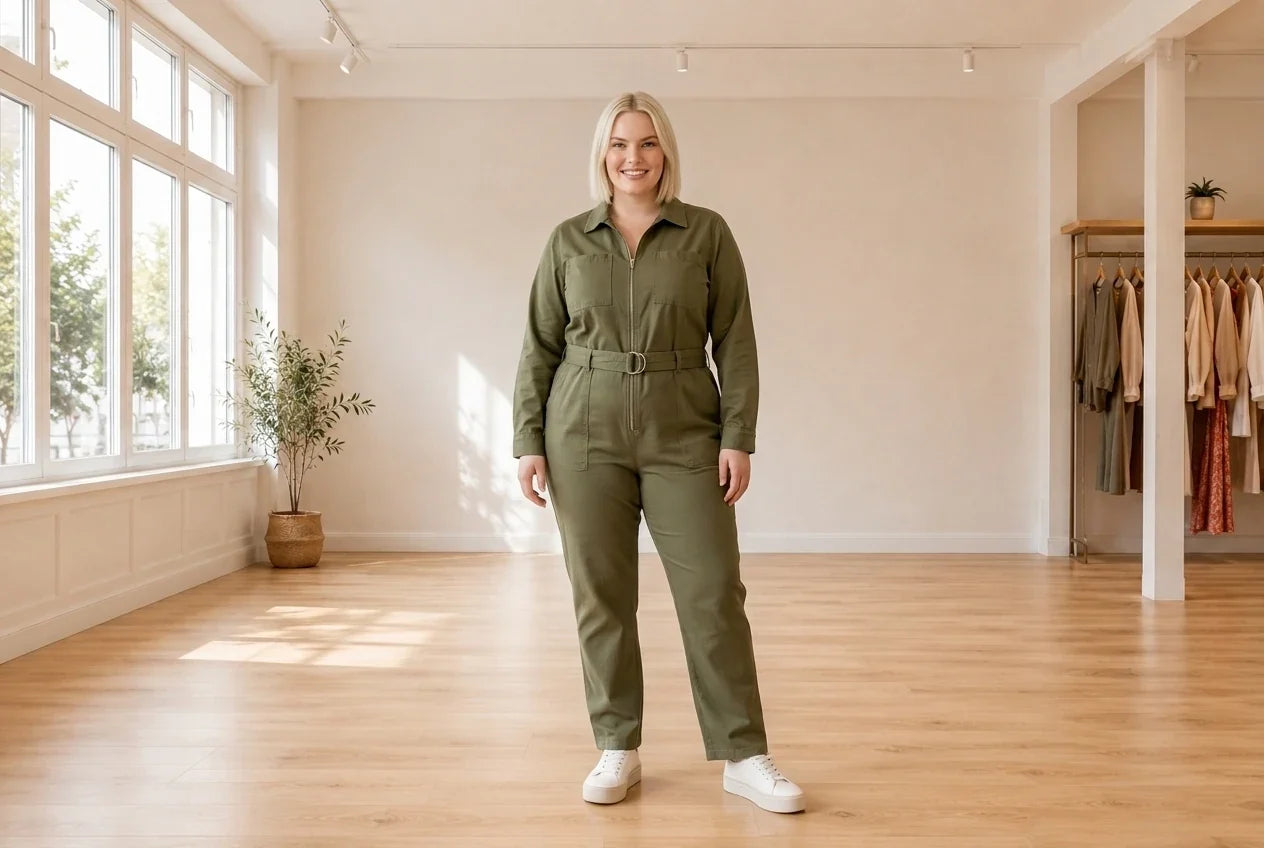 Model wearing Women's Plus 1X Jumpsuits and Rompers Women's Plus Boiler Suit Jumpsuit in Online Warehouse Sale boutique studio
