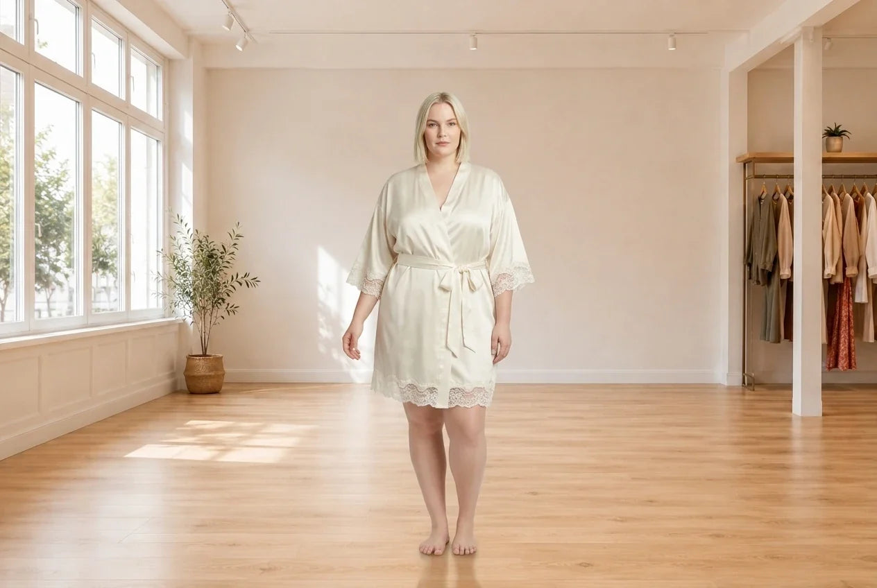 Model wearing Women's Plus 1X Loungewear and Pajamas Women's Plus Emma Lace-Trimmed Charmeuse Wrap Robe in Online Warehouse Sale boutique studio
