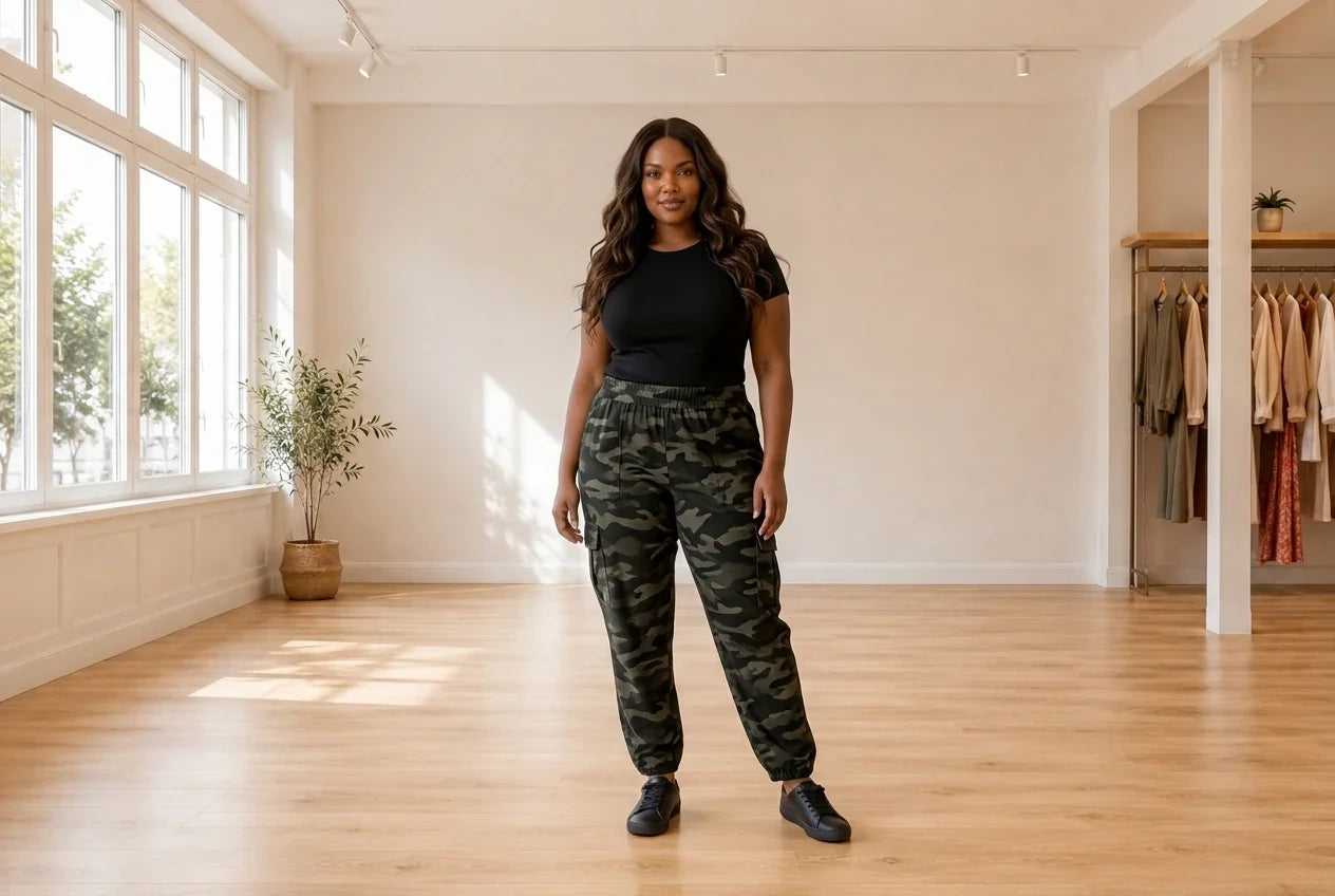 Model wearing Women's Plus 1X Pants Women's Plus Printed Pull-On Cargo Pants in Online Warehouse Sale boutique studio