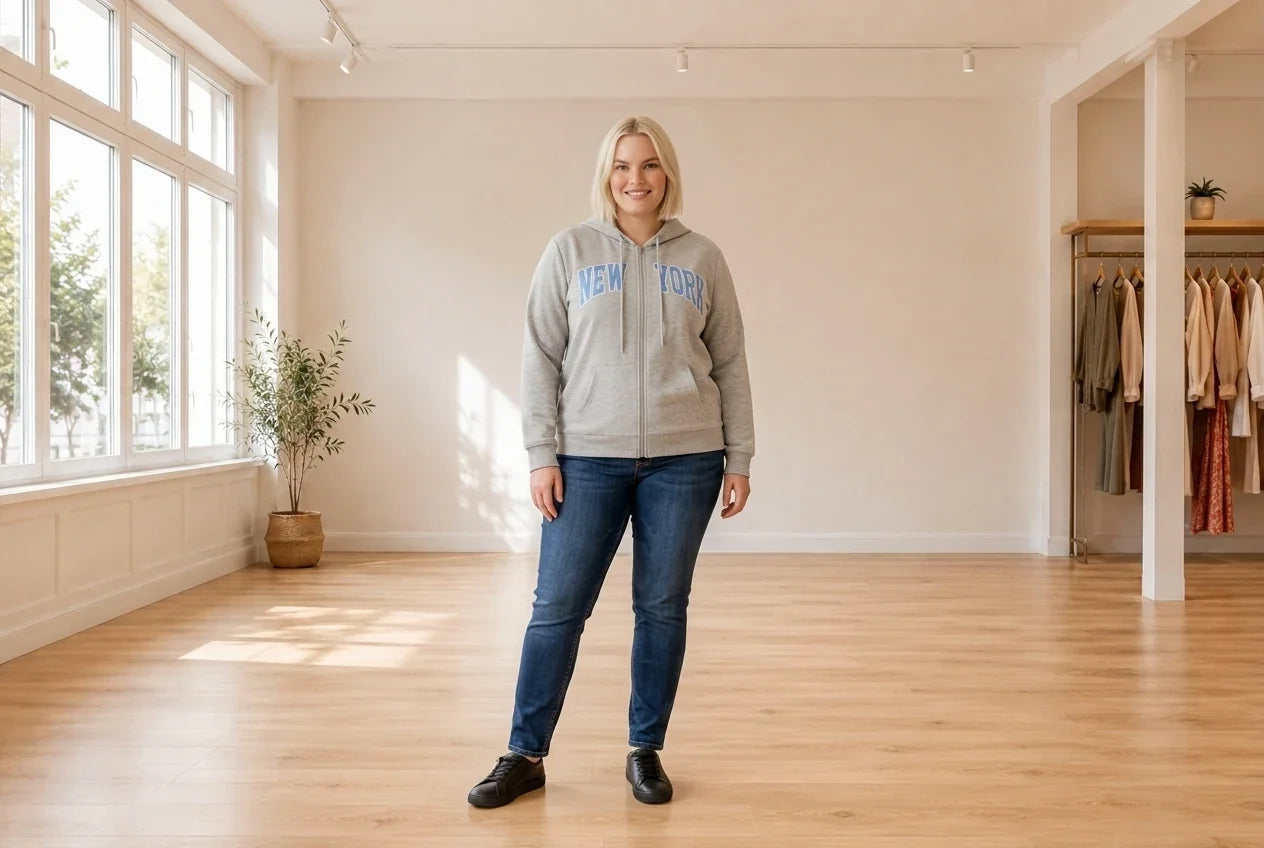 Model wearing Women's Plus 1X Sweaters and Cardigans Women's Plus Trendy New York-Print Sweatshirt in Online Warehouse Sale boutique studio