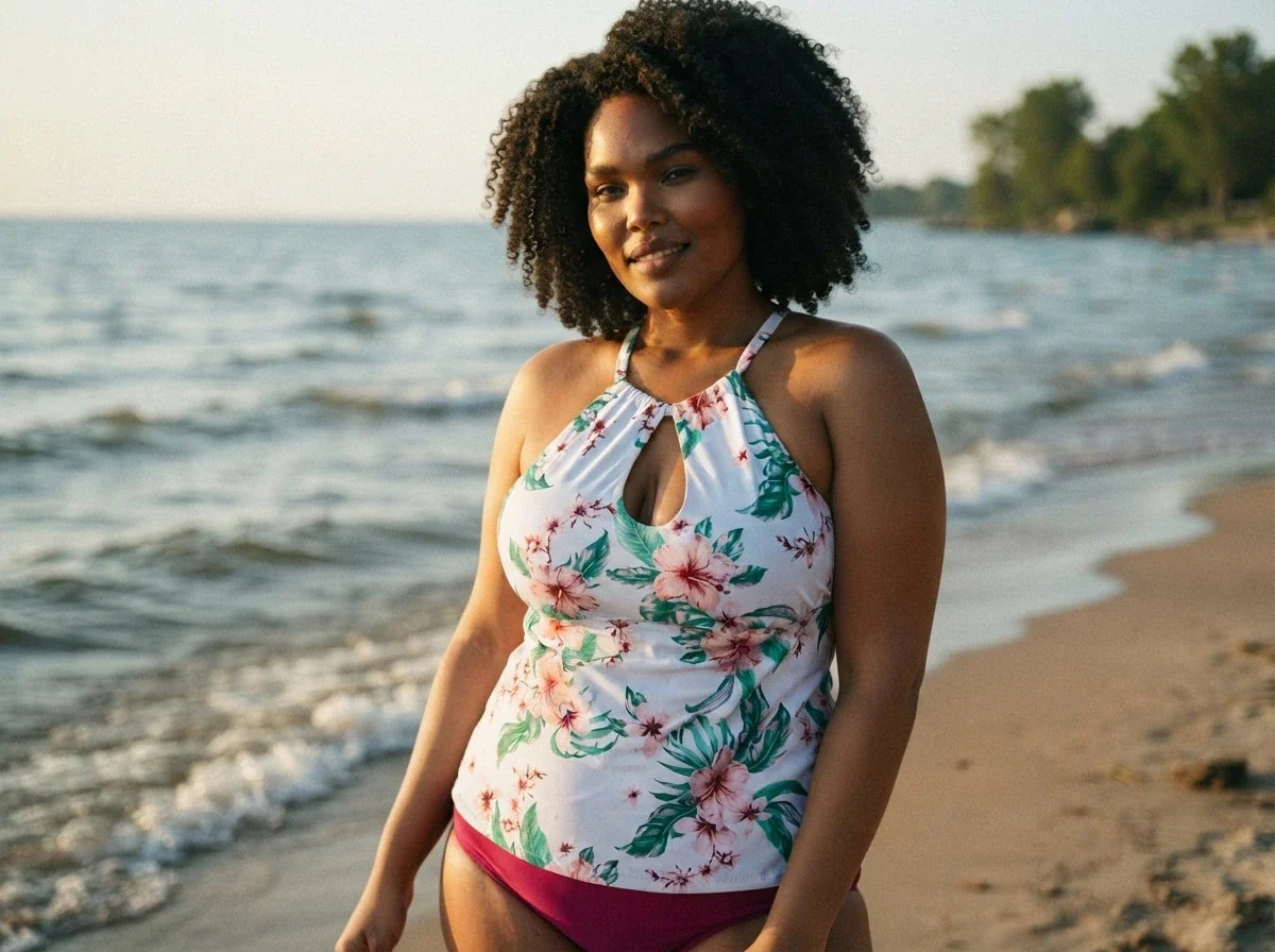 A woman stands in a bright, modern boutique fitting room wearing a sleeveless tank top with a colorful abstract floral pattern and black shorts.