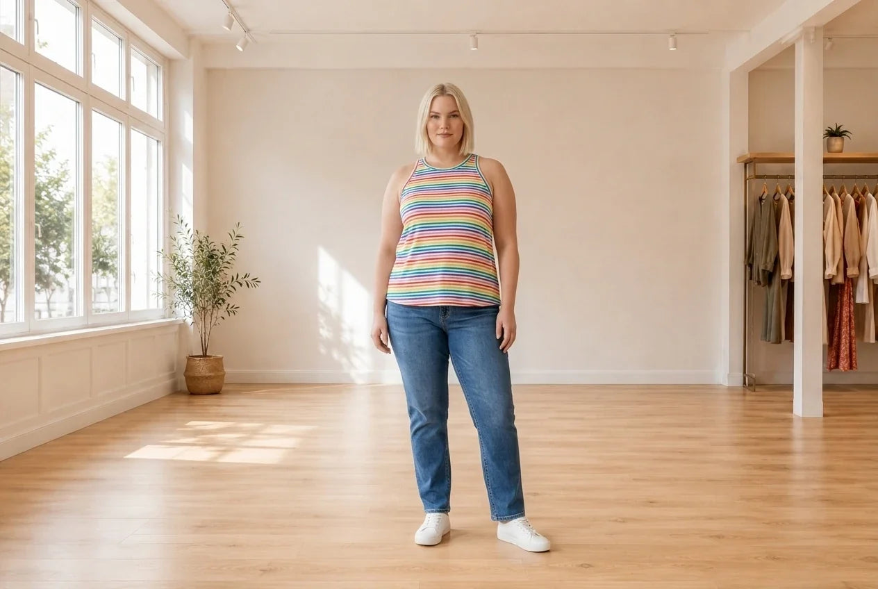 Model wearing Women's Plus 1X T-Shirts Women's Plus Striped Cutaway Tank Top in Online Warehouse Sale boutique studio