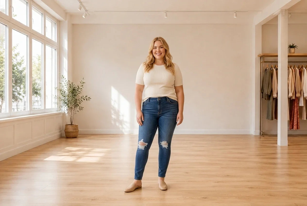 Model wearing Women's Plus 2X Bottoms Women's Plus Trendy 711 Skinny Jeans in Online Warehouse Sale boutique studio