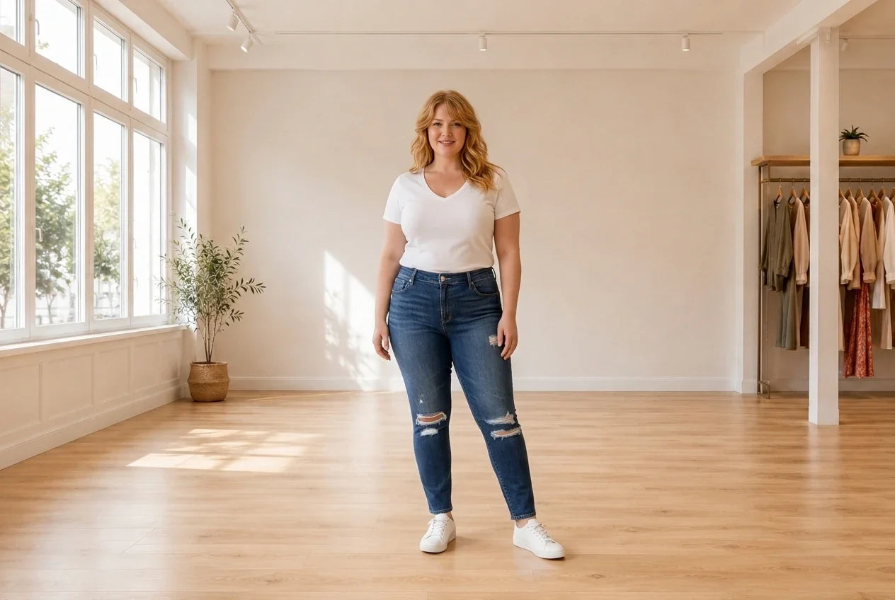 Model wearing Women's Plus 2X Jeans Women's Plus Trendy 721 Ripped Skinny Jeans in Online Warehouse Sale boutique studio