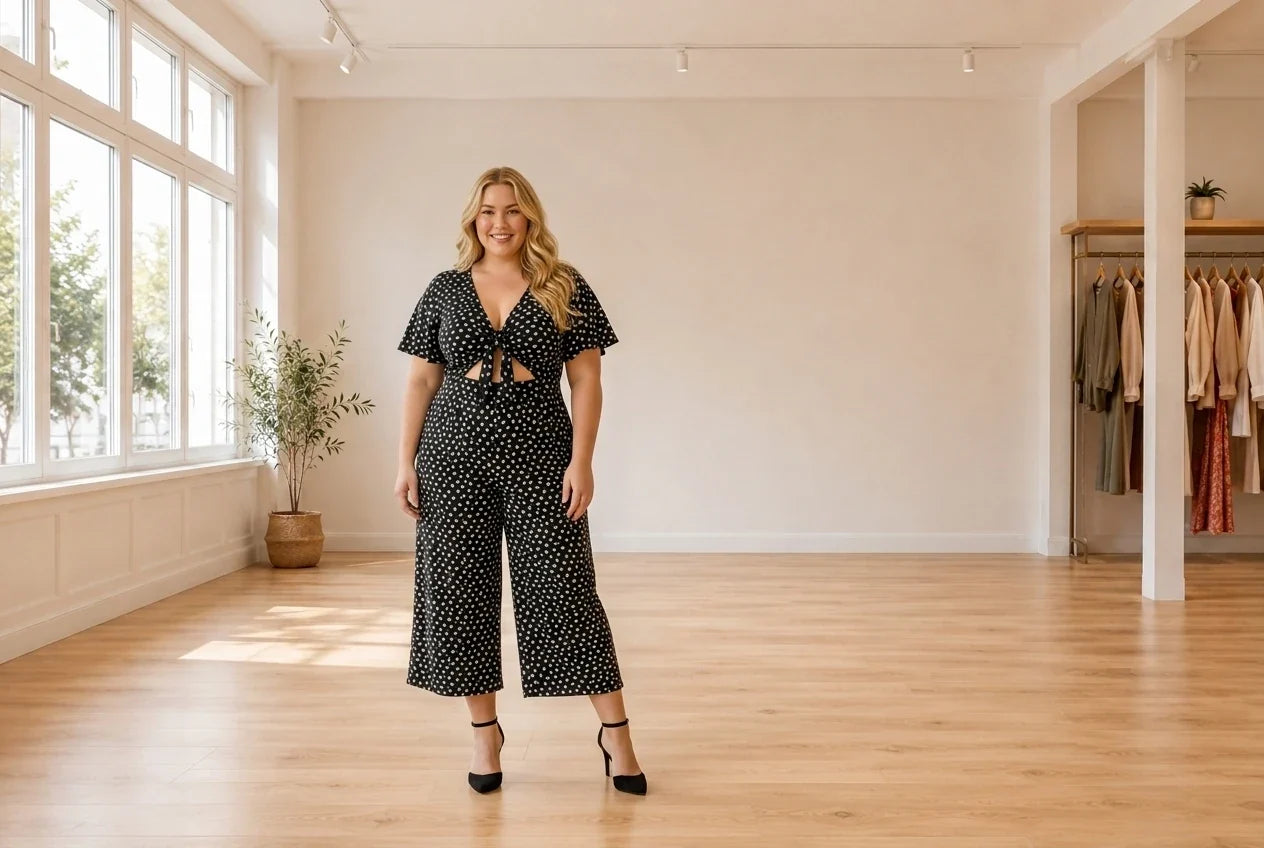 Model wearing Women's Plus 2X Jumpsuits and Rompers Women's Plus Printed Tie-Front Gaucho Jumpsuit in Online Warehouse Sale boutique studio