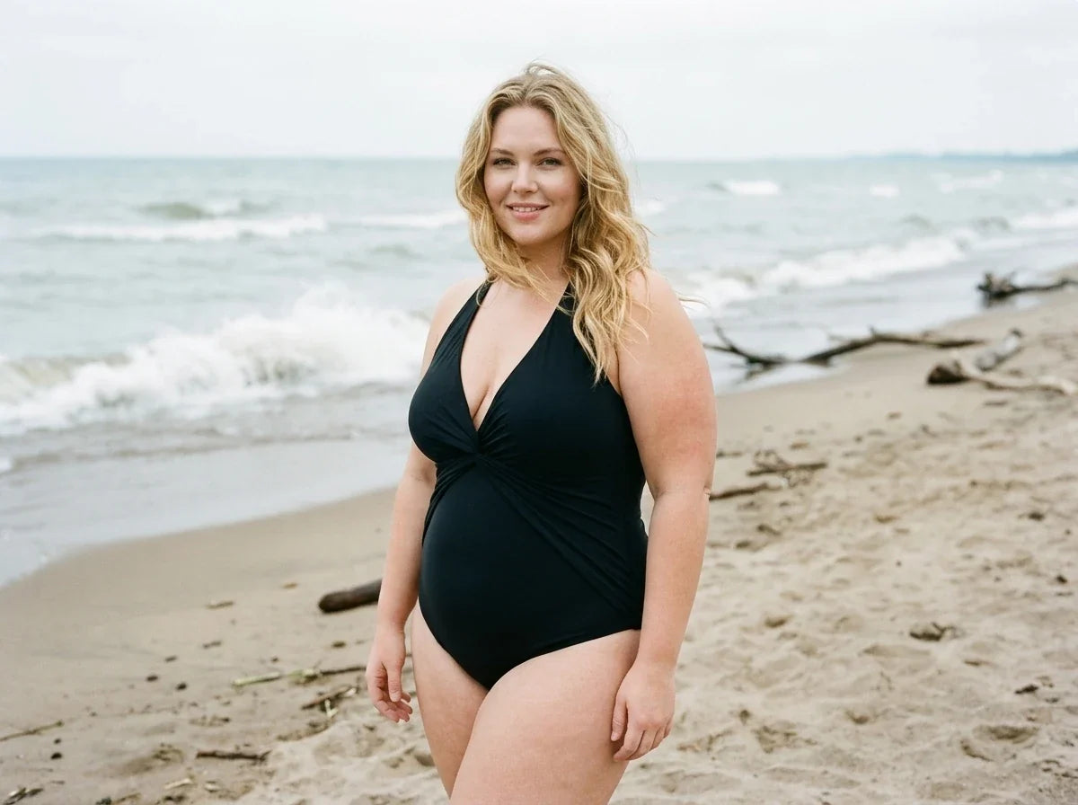 A woman wearing a black halter-neck maternity swimsuit stands on a sandy beach with the ocean waves in the background.