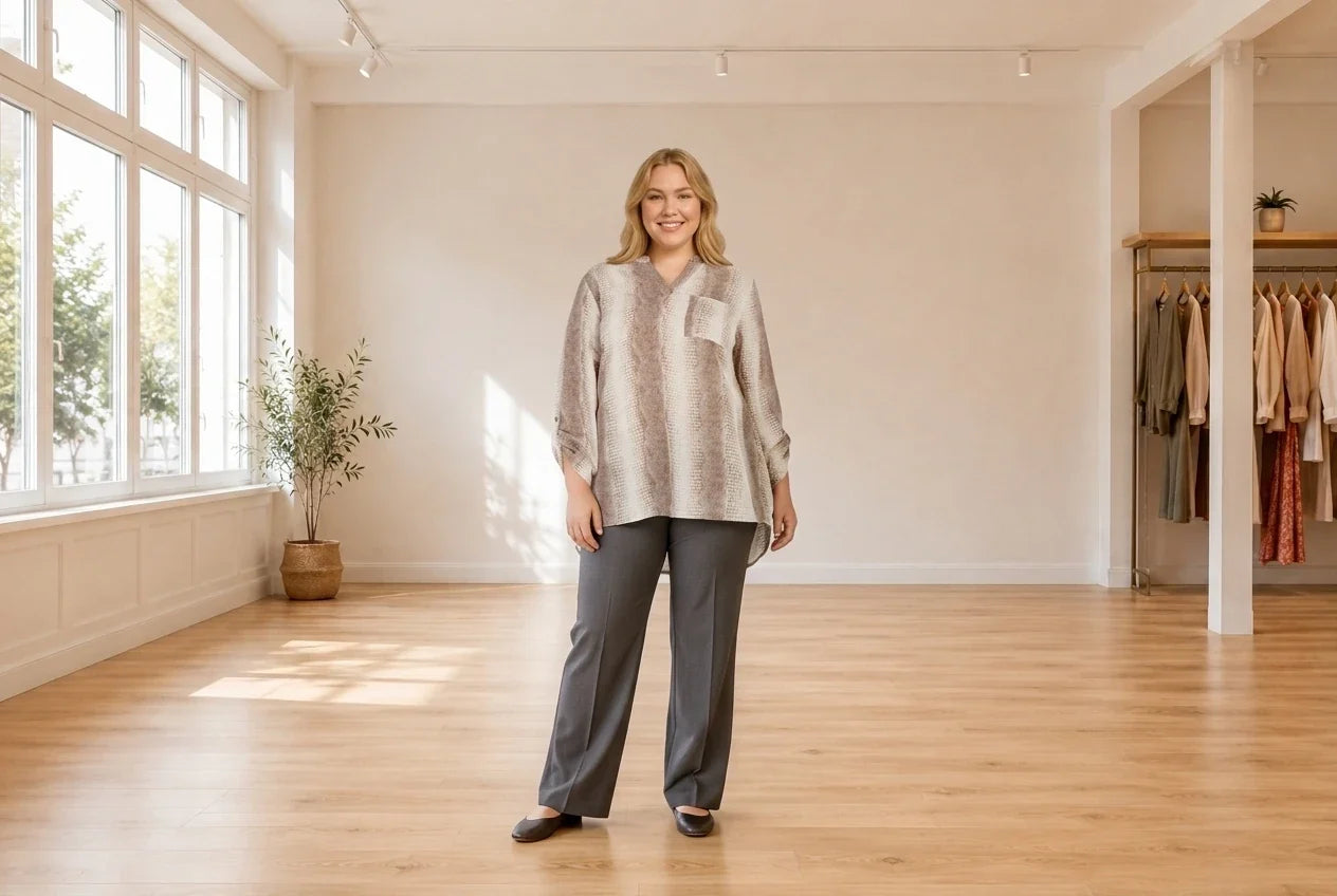 Model wearing Women's Plus 2X Shirts and Blouses Women's Plus High-Low Hem Tunic in Online Warehouse Sale boutique studio