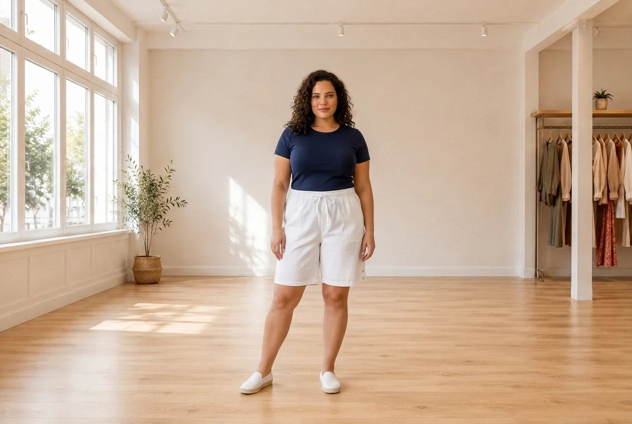 Model wearing Women's Plus 2X Shorts Women's Plus Lisa Cotton Drawstring-Waist Shorts in Online Warehouse Sale boutique studio