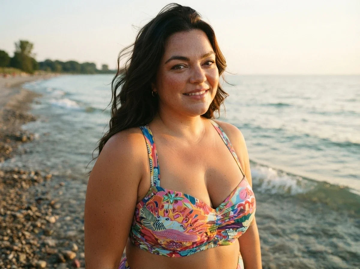 A woman stands in a bright, minimalist studio wearing a cream-colored open-front cardigan over a rust-orange floral top and white wide-leg pants.