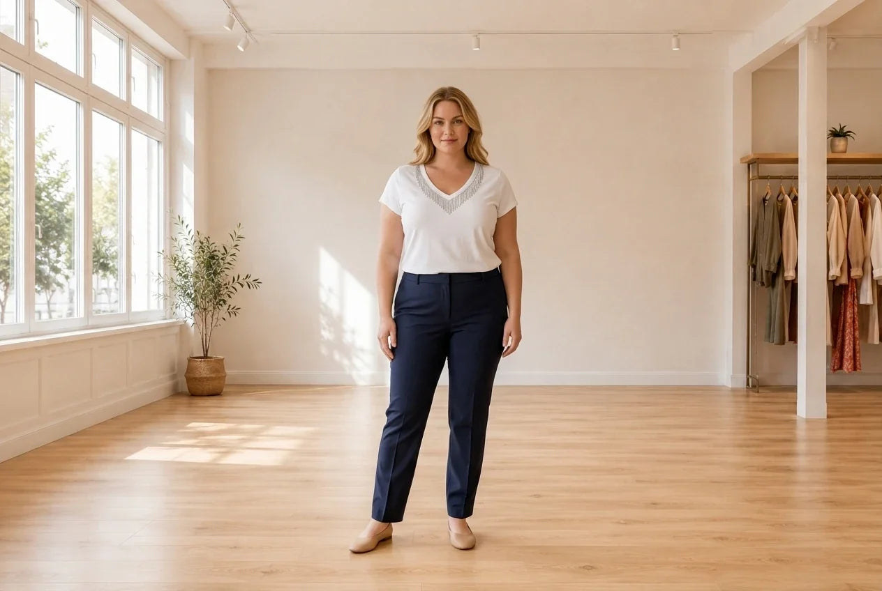 Model wearing Women's Plus 2X Tops Women's Plus Beaded V-Neck Top in Online Warehouse Sale boutique studio