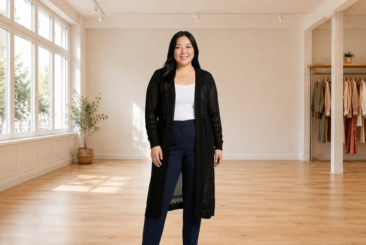 Model wearing Women's Plus 3X Cardigans Women's Plus Belldini Pointelle-Stitch Duster Cardigan in Online Warehouse Sale boutique studio