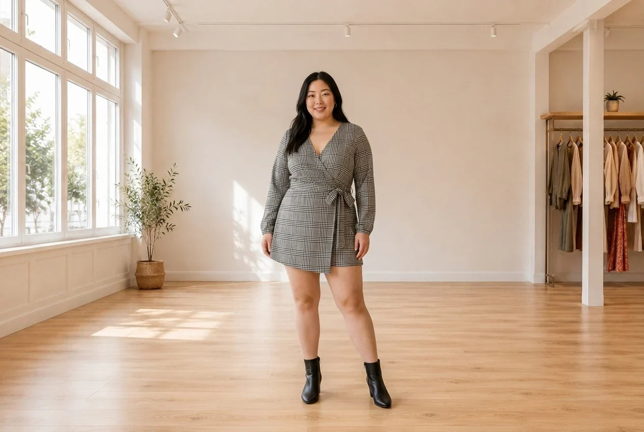 Model wearing Women's Plus 3X Jumpsuits and Rompers Women's Plus Trendy Plaid Skort Romper in Online Warehouse Sale boutique studio