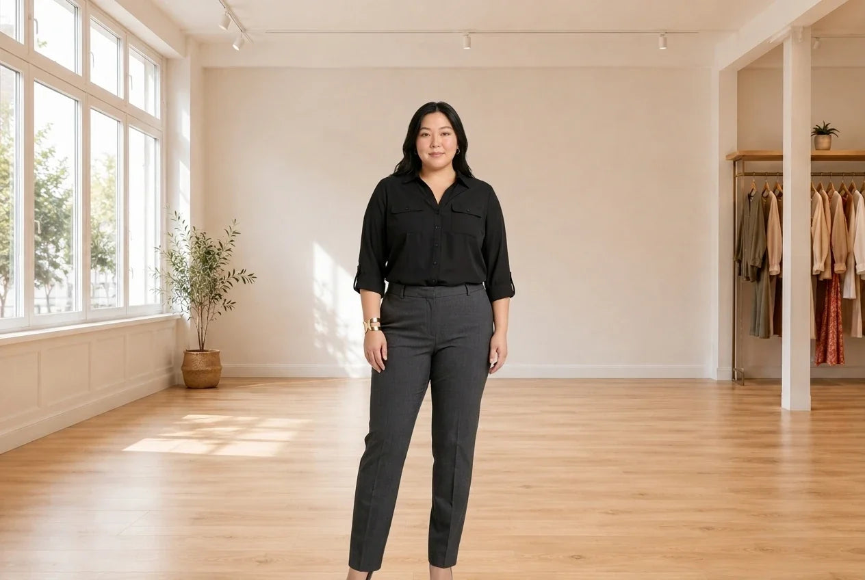 Model wearing Women's Plus 3X Shirts and Blouses Women's Plus Utility Blouse in Online Warehouse Sale boutique studio
