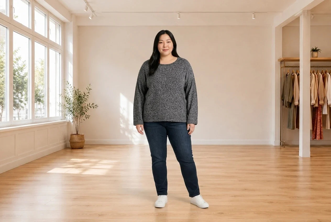 Model wearing Women's Plus 3X Sweaters and Cardigans Women's Plus Relaxed Marled Sweater in Online Warehouse Sale boutique studio