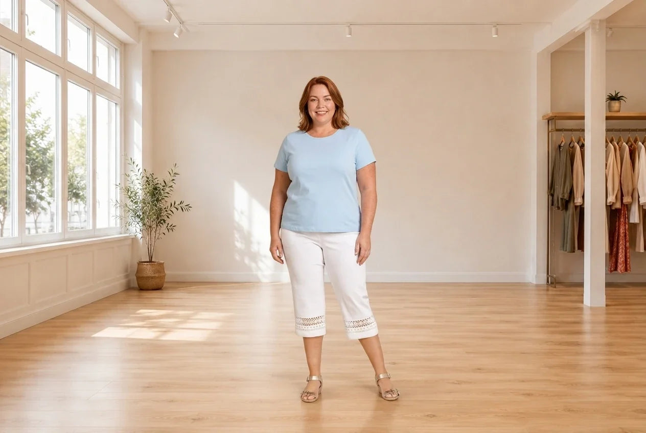 Model wearing Women's Plus 4X Pants Women's Plus Crochet-Trim Capri Pants in Online Warehouse Sale boutique studio