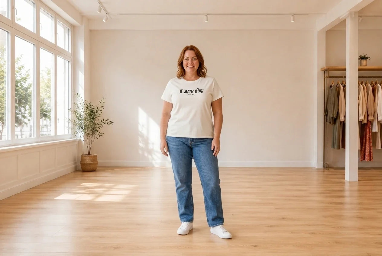 Model wearing Women's Plus 4X T-Shirts Women's Plus Perfect Logo T-Shirt in Online Warehouse Sale boutique studio