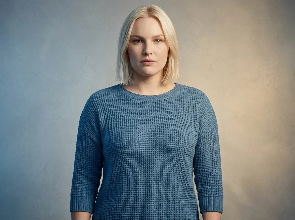 A blonde woman wearing a textured blue long-sleeve knit sweater, standing against a neutral textured gray and beige background.
