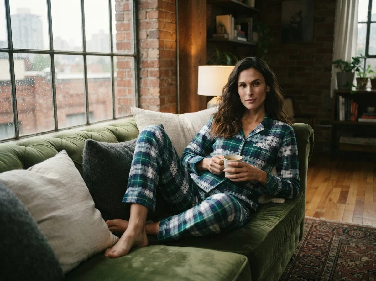 Woman relaxing on a green velvet couch wearing a blue, green, and white plaid pajama set while holding a mug.